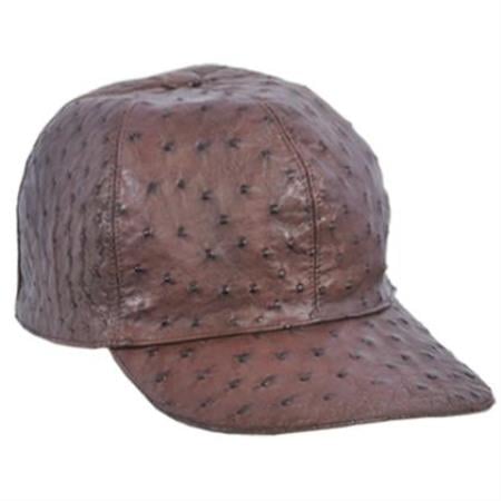 Genuine dark brown ostrich skin baseball cap. Rounded crown, stiff brim, textured dimpled surface. Seamless side design.
