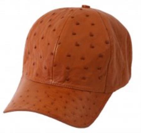 Genuine ostrich leather cap. Rich brown color, textured with characteristic bumps. Rounded crown, curved visor. Seamless design, smooth exterior, no visible stitching.
