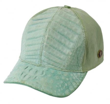 Light green baseball cap with a curved visor and structured crown. Features textured material, visible stitching, and a side button.
