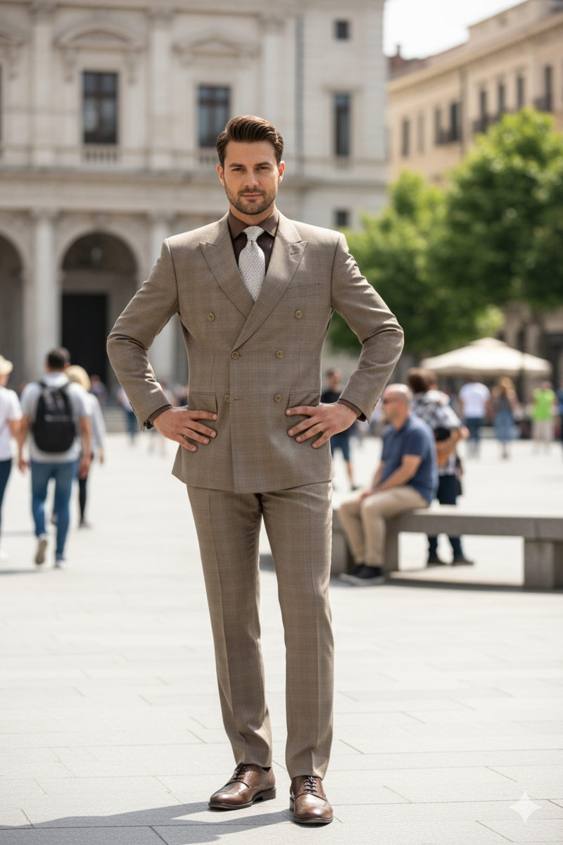 Mens Classic Wool Feel Double Breasted Glen Plaid Suit in Tan
