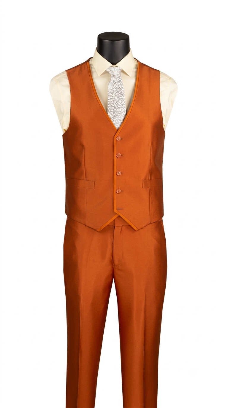 Mens Shiny Orange Rustic Vested Jacket + Pants Modern Fit