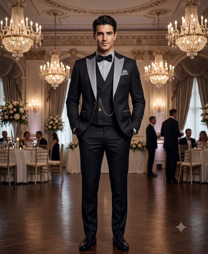 Men’s Black And White Lapel 3 Piece Tuxedo Suit with Silver Gray Satin Lapel | Formal Wedding Prom Suit Set