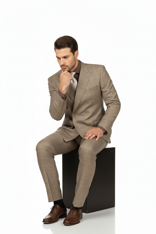 Mens Classic Wool Feel Double Breasted Glen Plaid Suit in Tan