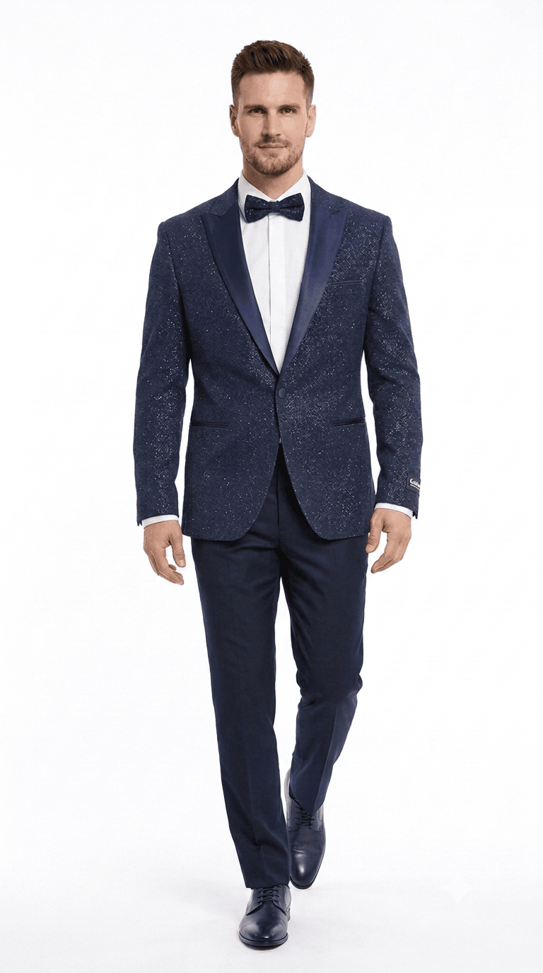 Mens Navy Blue Tuxedo Sparkly Shiny Dinner Jacket + Pants
