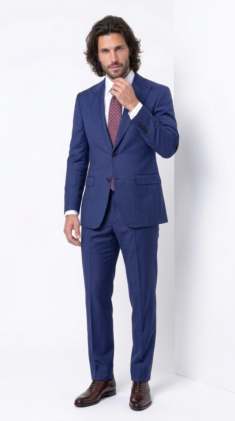 Statement Men's Modern Fit 2 Piece 100% Super 200 Wool Suit Peak Lapel in Navy - image 1
