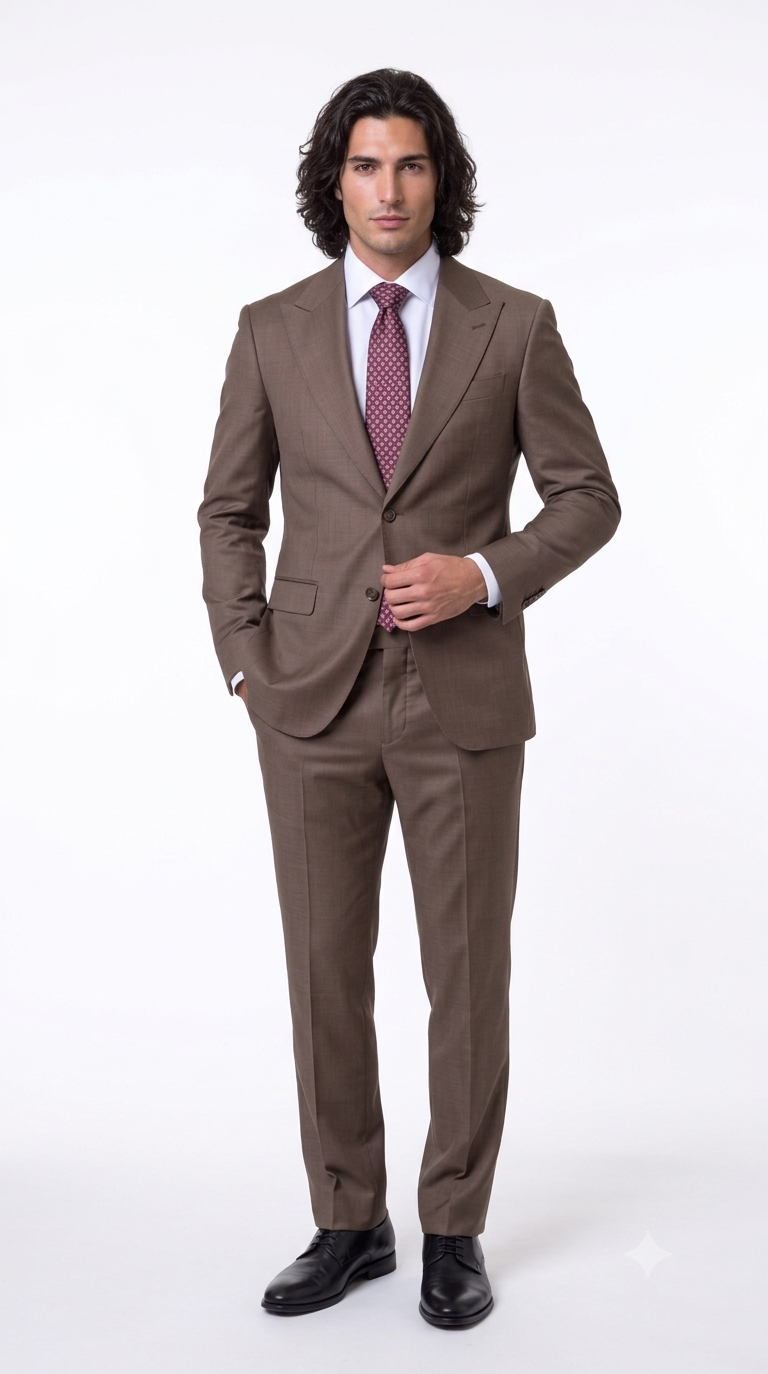 Statement Men's Modern Fit 2 Piece 100% Super 200 Wool Suit Peak Lapel in Taupe - image 6