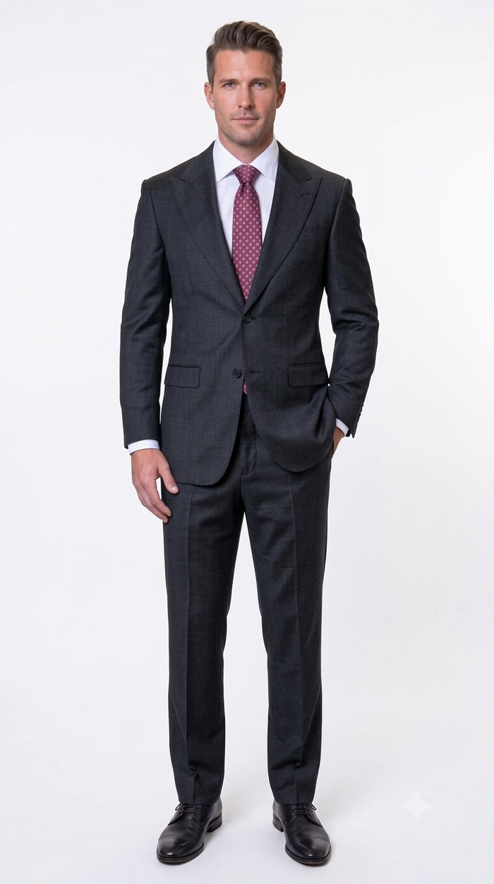 Statement Men's Modern Fit 2 Piece 100% Super 200 Wool Suit Peak Lapel in Black - image 1