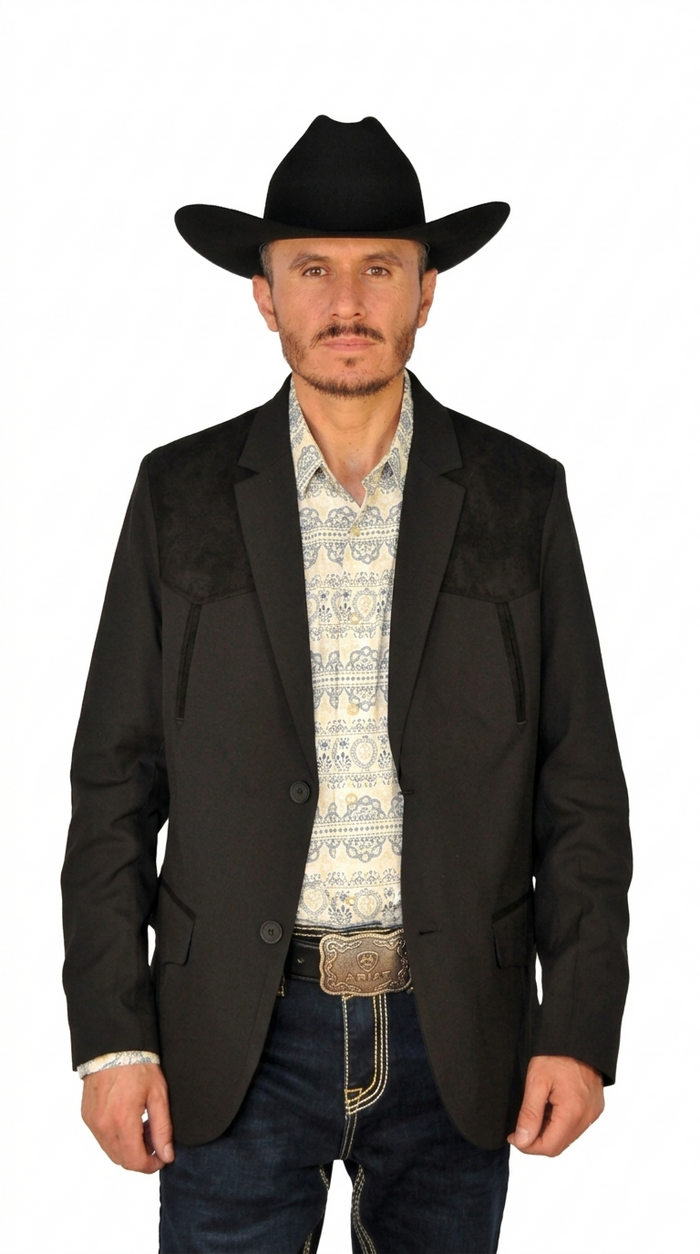 Men's Suede Cowboy Blazer Ultra Slim Fit Black Suede Cowboy Jacket with Western Embroidery in Color "Black"