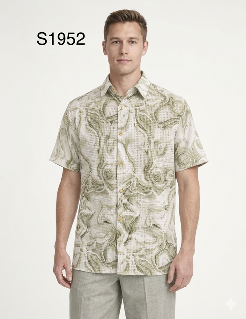 Men's Sage Green Abstract Print Walking Suit Set – 2 Piece Short Sleeve  Casual Outfit