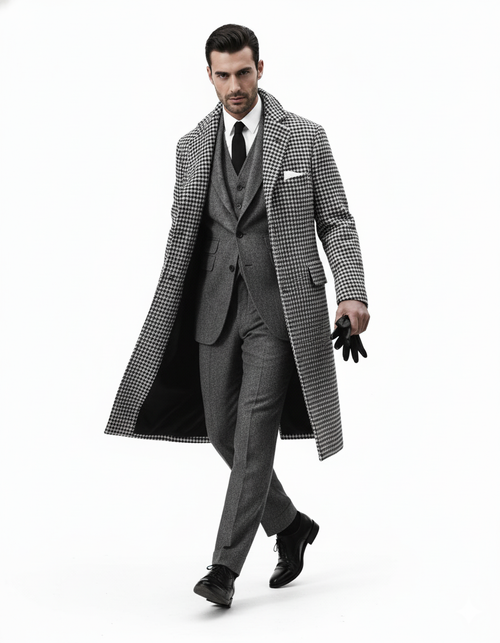 Houndstooth Overcoat - Black And White Checker And Cashmere Fabric Topcoat By Alberto Nardoni