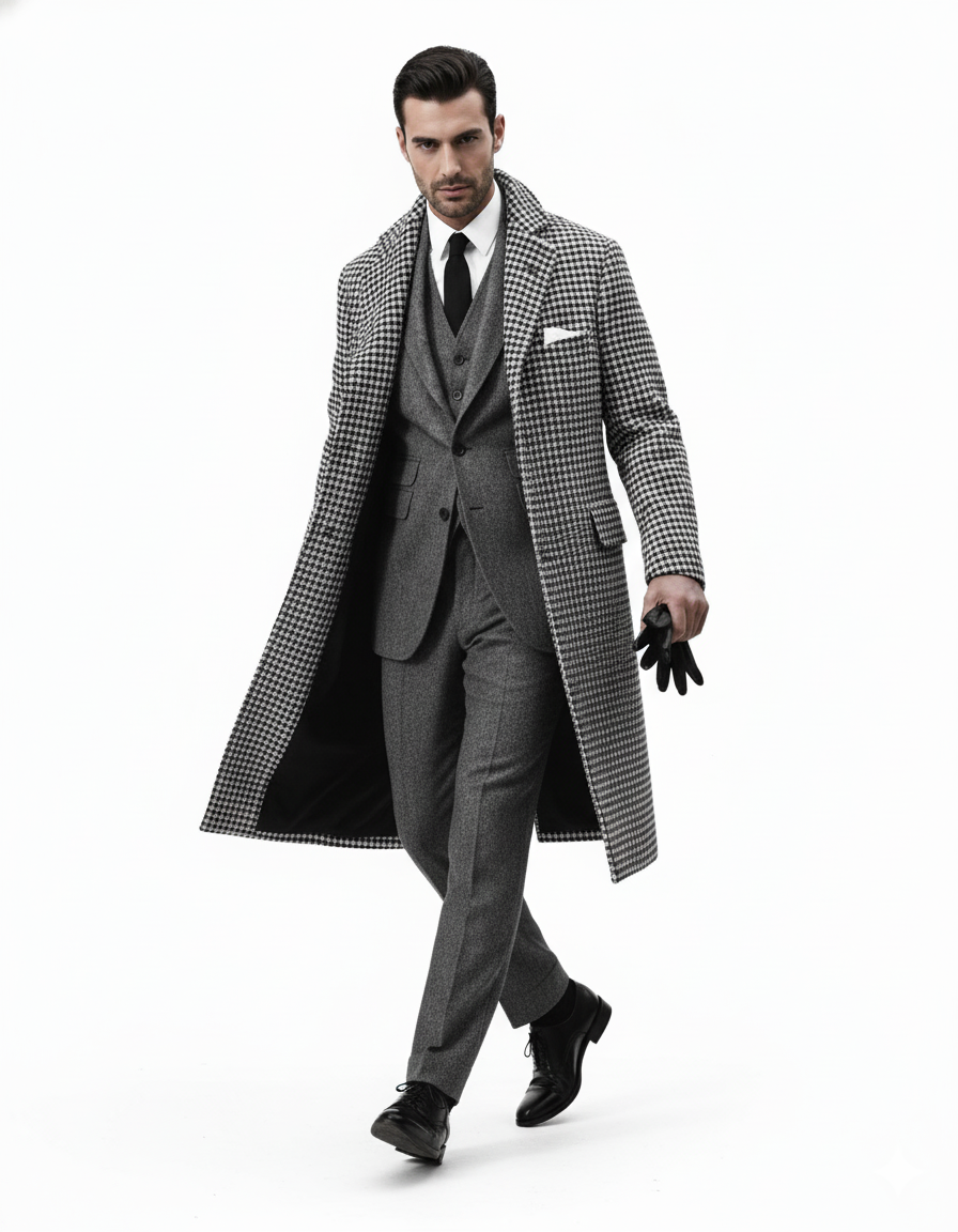 Houndstooth Overcoat - Black And White Checker And Cashmere Fabric Topcoat By Alberto Nardoni