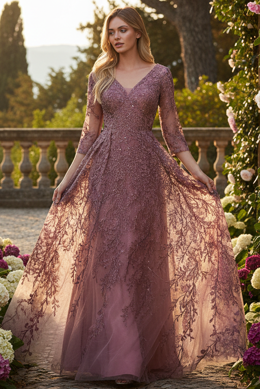 Embroidered A-Line Mother of the Bride Gown with Sheer 3/4 Sleeves By Lenovia 8356