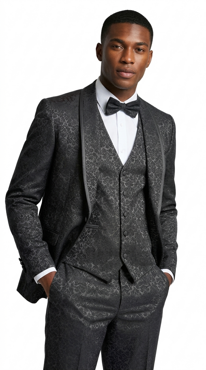 Men's Black Floral Shawl Lapel Tuxedo Set with Satin Trim for Wedding & Prom