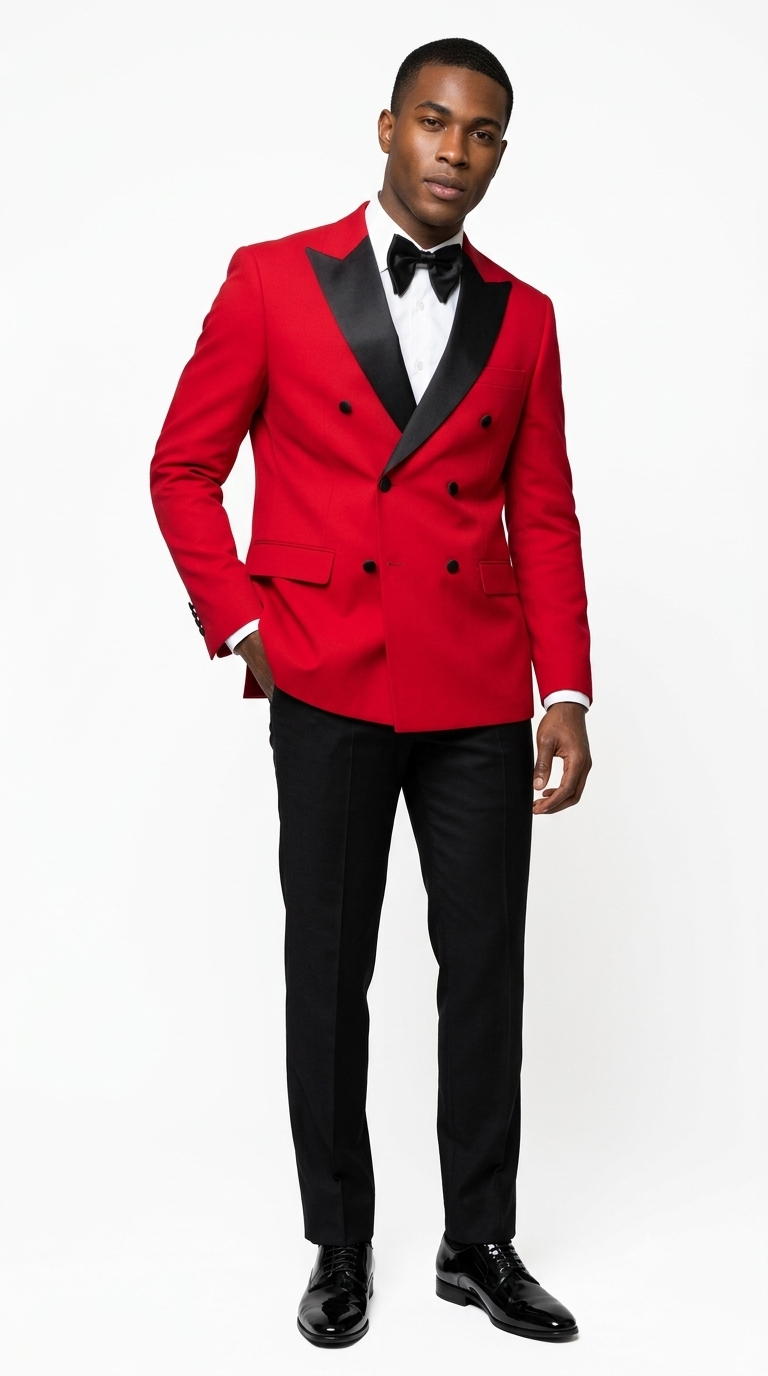 Red Textured Modern Fit Double Breasted Tuxedo