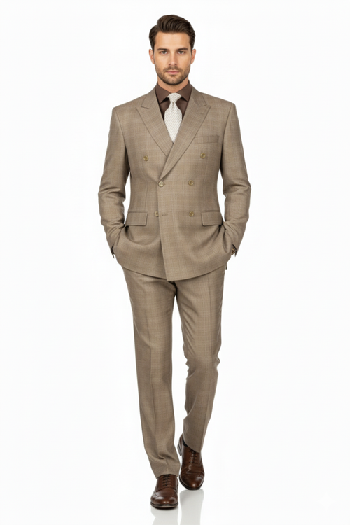 Mens Classic Wool Feel Double Breasted Glen Plaid Suit in Tan