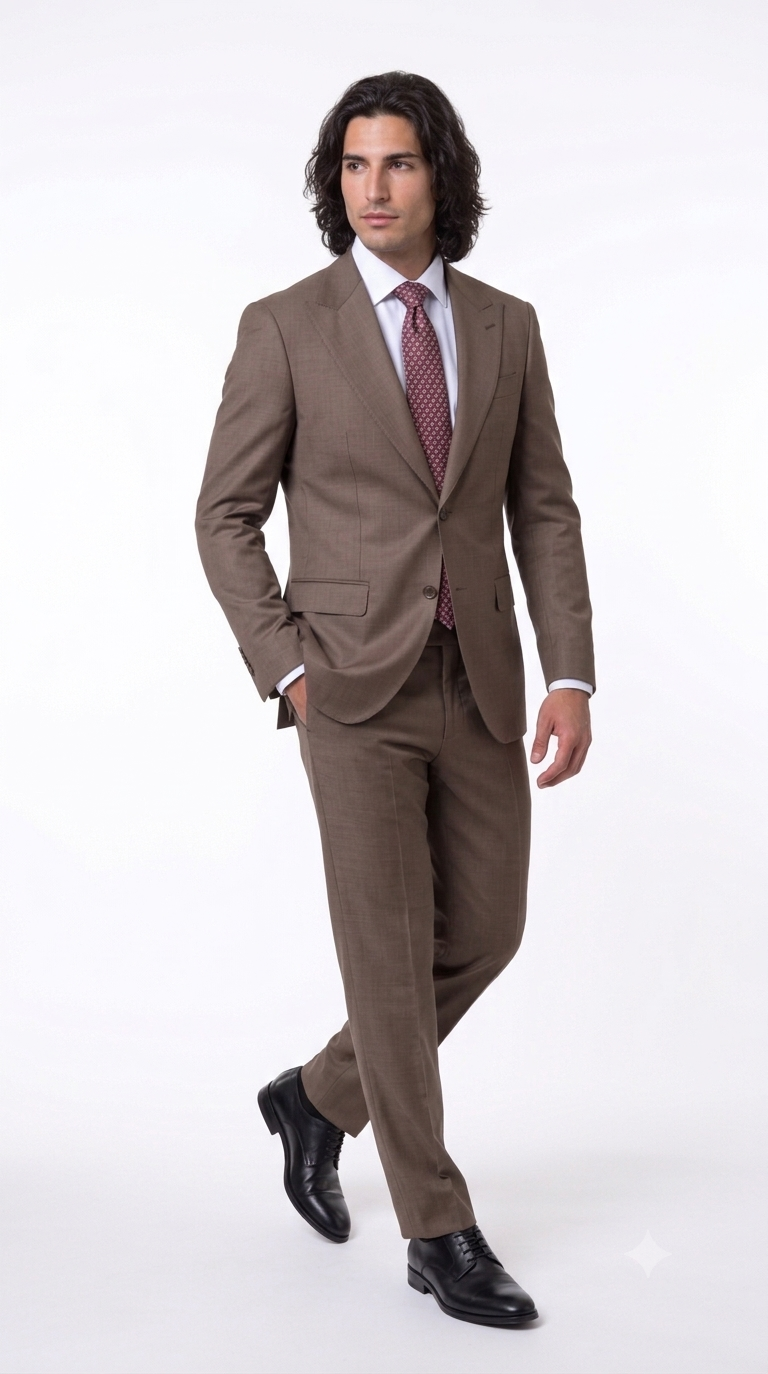 Statement Men's Modern Fit 2 Piece 100% Super 200 Wool Suit Peak Lapel in Taupe - image 4