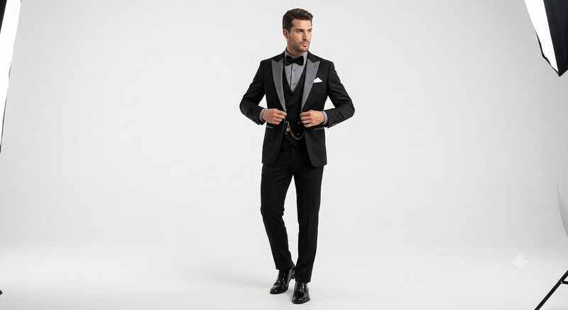 Men’s Black And White Lapel 3 Piece Tuxedo Suit with Silver Gray Satin Lapel | Formal Wedding Prom Suit Set