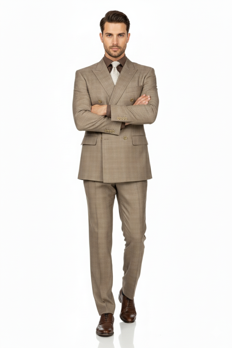 Mens Classic Wool Feel Double Breasted Glen Plaid Suit in Tan