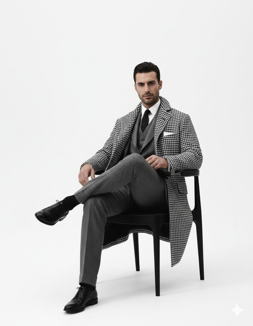Houndstooth Overcoat - Black And White Checker And Cashmere Fabric Topcoat By Alberto Nardoni