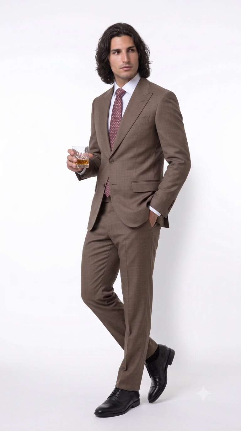 Statement Men's Modern Fit 2 Piece 100% Super 200 Wool Suit Peak Lapel in Taupe - image 2