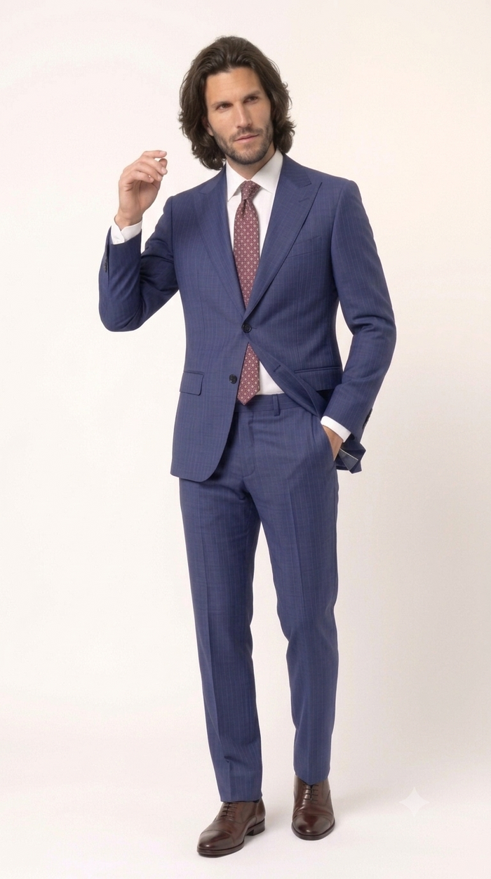 Statement Men's Modern Fit 2 Piece 100% Super 200 Wool Suit Peak Lapel in Navy - image 3