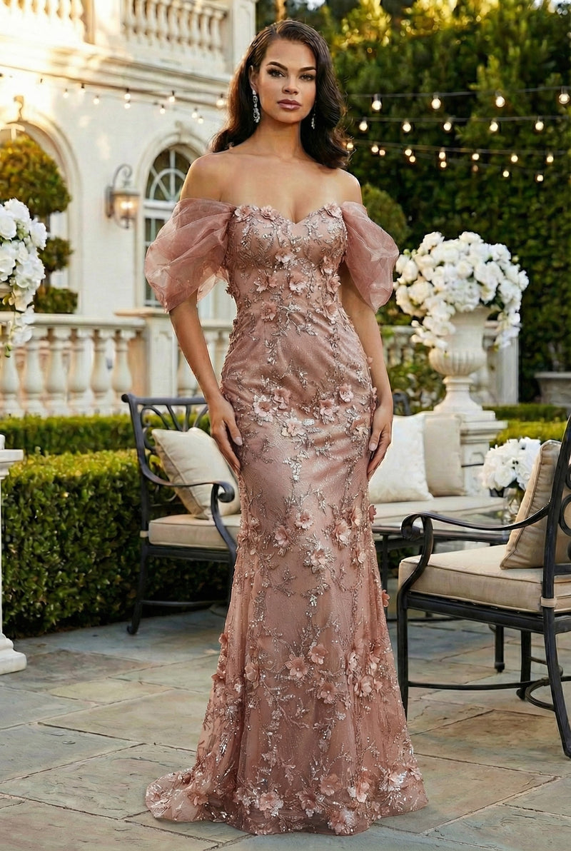 Off Soulder 3D Floral Applique Red Carpet Dress-New Collection