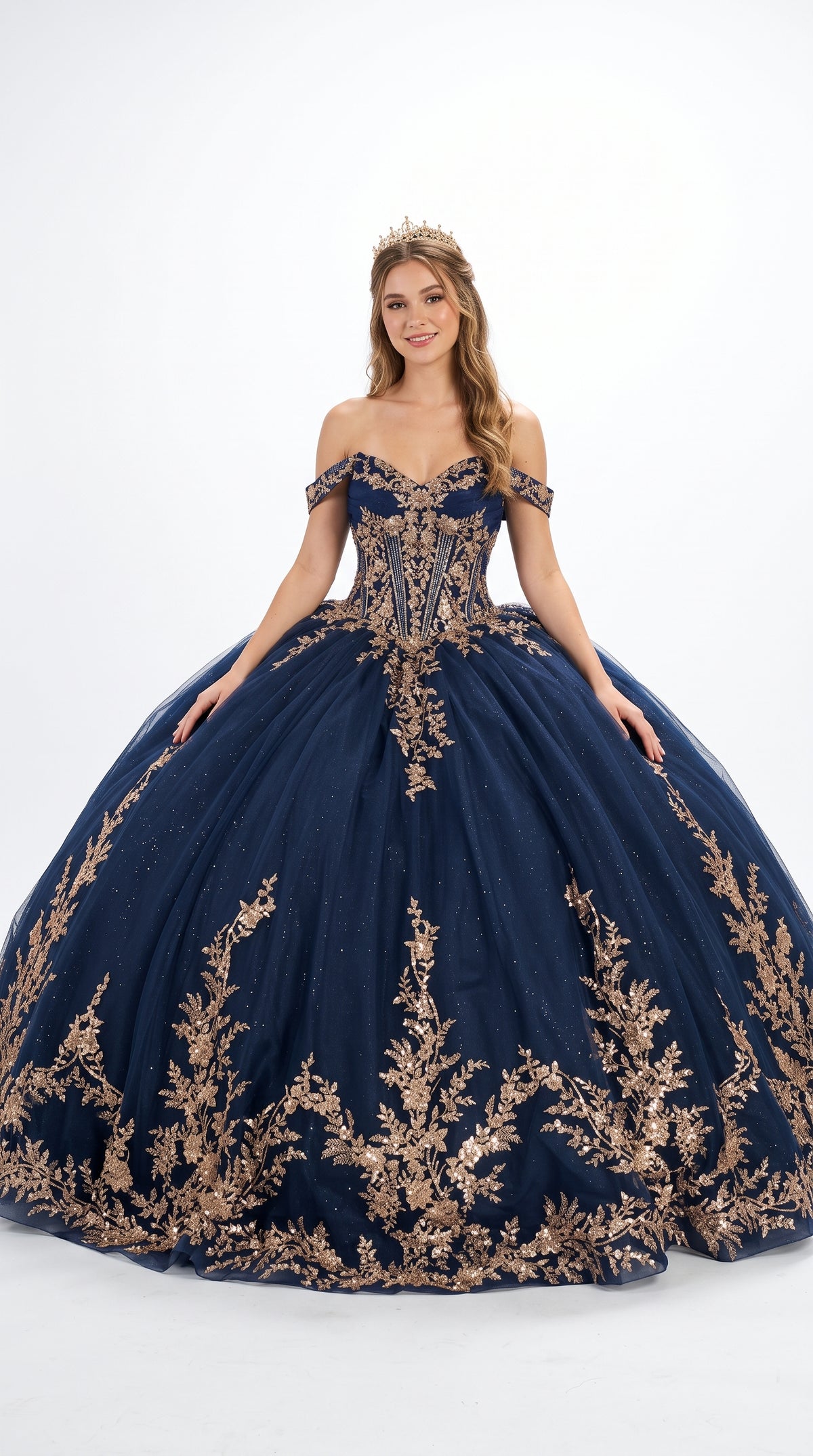 Navy/Gold Off-Shoulder V-Neck Satin Corset Lace Appliqué Ball Gown with Bow by Elizabeth K GL3674