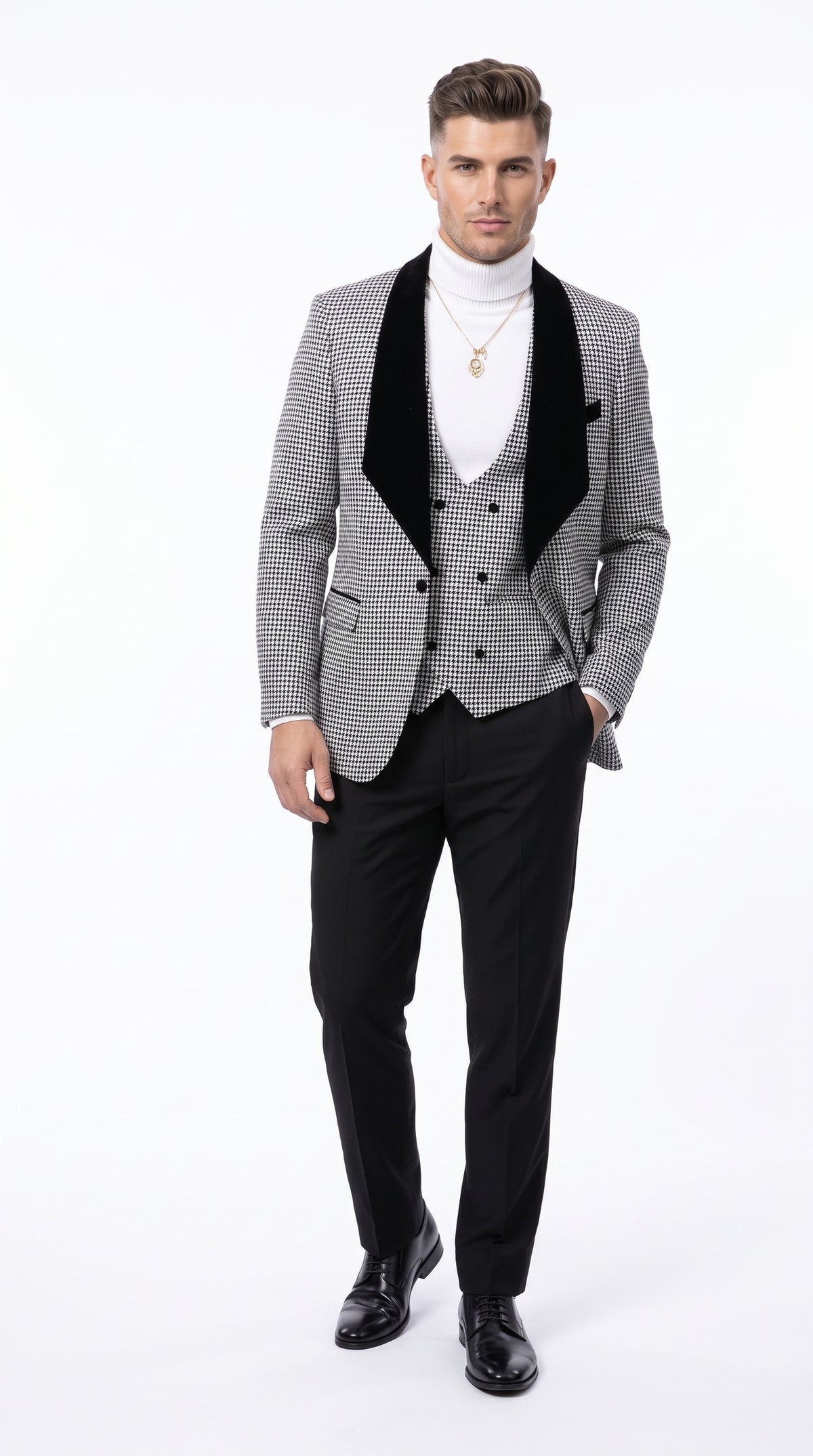 Men's Black & White Houndstooth 3-Piece Tuxedo Suit – One Button Shawl Lapel Vested Formal Wedding Suit