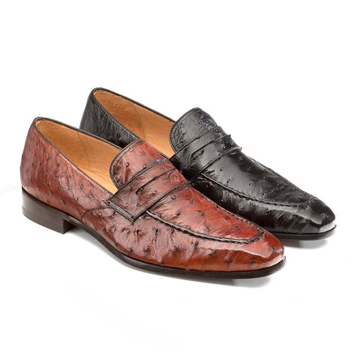 Mezlan Lisbon loafers: Genuine ostrich leather, classic slip-ons. One brown, one black. Pointed toe, penny strap, stacked heel, leather lining. Distinctive texture.
