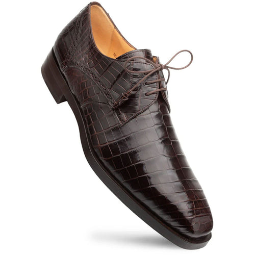 Men's dark brown alligator derby shoes with pointed toe & streamlined silhouette. Genuine alligator leather upper with crocodile texture. Lace-up closure, tonal laces, light interior, stacked heel.
