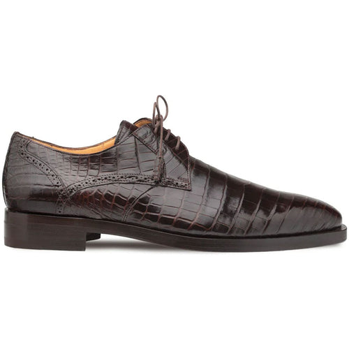 Men's dark brown alligator derby shoes. Genuine leather with elongated shape, rounded toe, and slight heel. Features textured alligator skin and perforated seam detailing.
