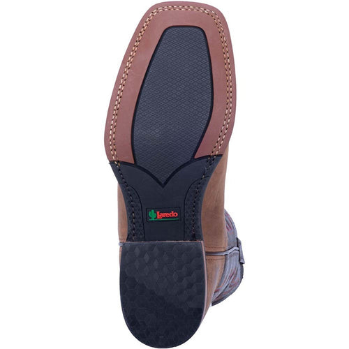 Laredo Lodi men's western boots. Genuine tan leather upper with pointed toe. Rubber outsole with patterned design and stacked heel.
