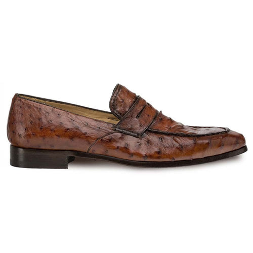 Mezlan Lisbon penny loafers in brown ostrich leather. Classic slip-on design with penny slot. Features textured quill marks, a smooth, rounded shape and streamlined silhouette. Contrasting outsole. Sophisticated design for men.
