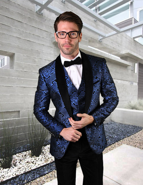 Royal blue geometric print tuxedo for men. Shiny fabric, one-button closure, black satin lapel, and matching buttons. Includes vest.
