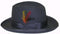 Charcoal gray "God Father" homburg dress hat. Structured, rounded crown, wide flat brim. 100% wool. Decorative band with red/yellow/green feather detail.