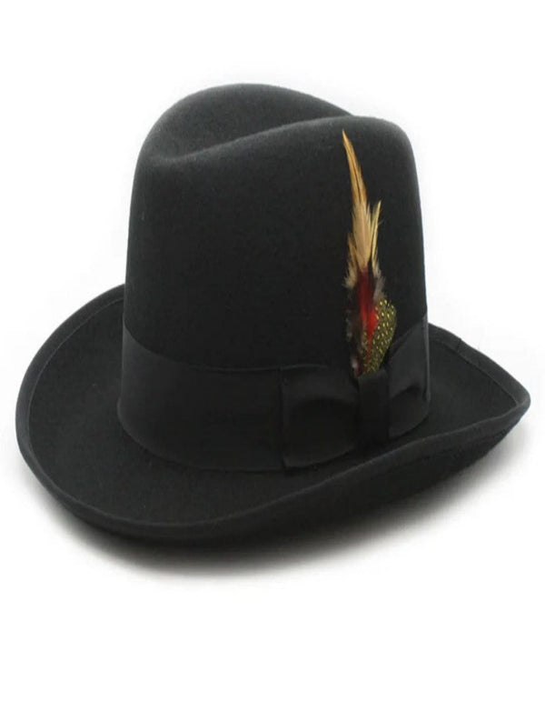 Black Dress Hat 1920s Fedora Style - Mens Classic Gangster Godfather Wool Dress Hat in Black