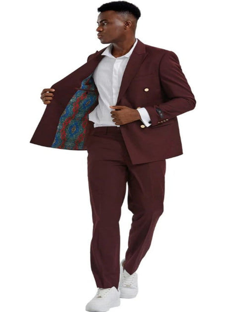 Men's Skinny Fit Slim Fit Double Breasted Wedding Suit with Gold Buttons in Burgundy