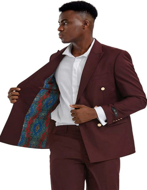 Men's Skinny Fit Slim Fit Double Breasted Wedding Suit with Gold Buttons in Burgundy