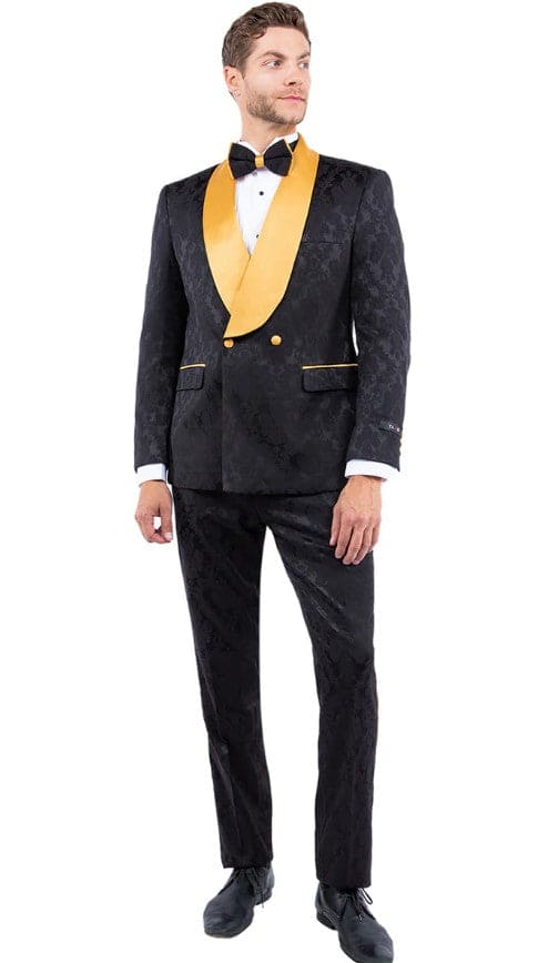 Mens Slim Fit Double Breasted Paisley Black and Gold Prom and Wedding Tuxedo