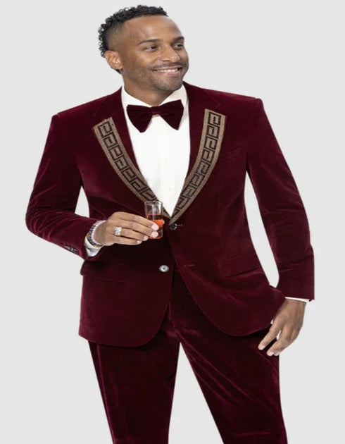 Mens One Button Modern Fit Velvet Tuxedo Suit with Gold Sequin Lapel in Burgundy