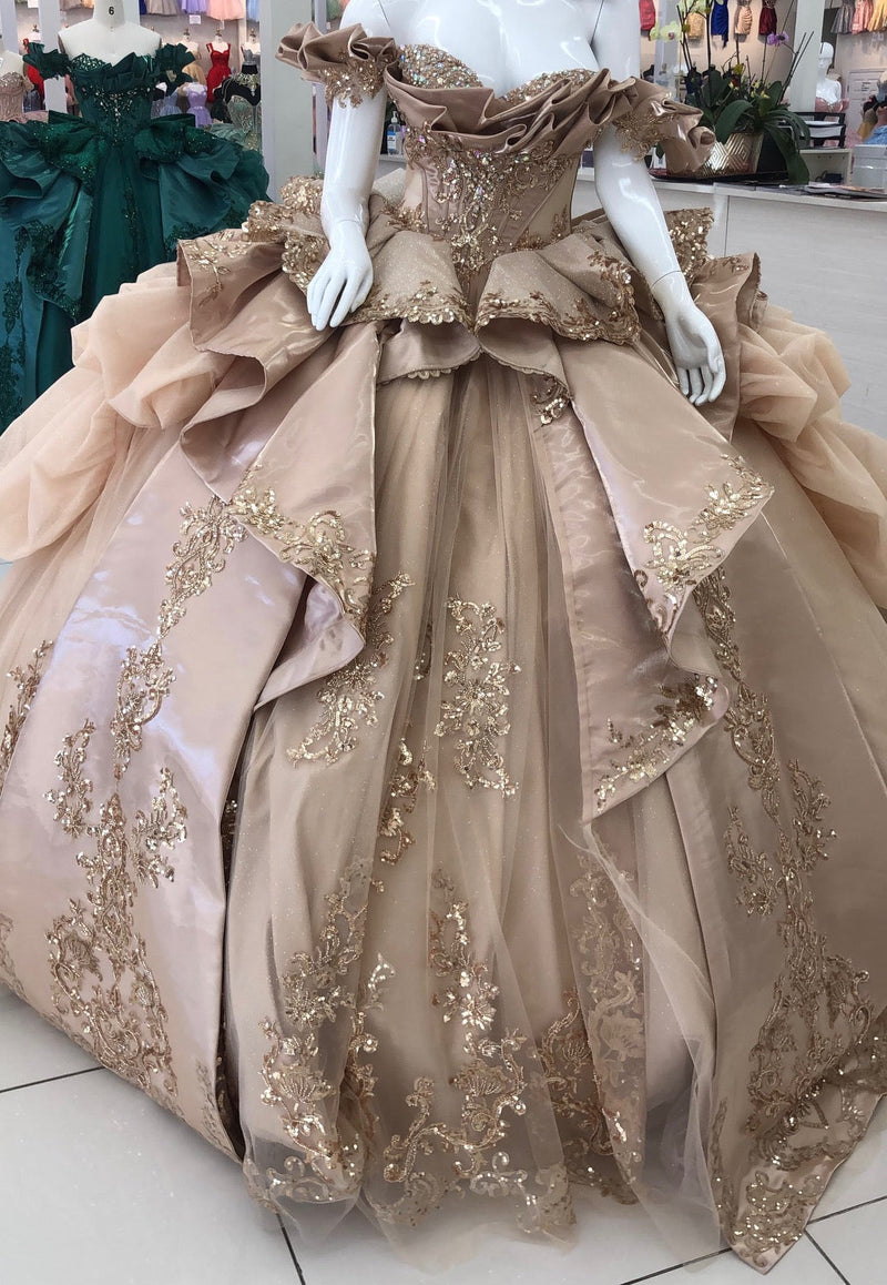 Off-Shoulder Crystal Beaded Corset Organza Ruffle Ball Gown Quinceañera Dress by Layla K LK307