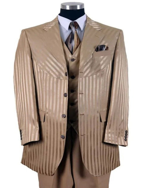 Mens 4 button Semi Wide Leg Shiny Tonal Stripe Fashion Gold Suit