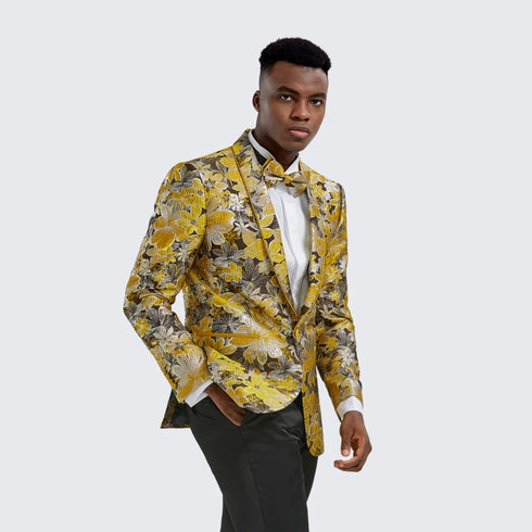 Gold Suit For Prom - Gold Blazer + Matching Pants + Gold Floral Tuxedo Jacket Slim Fit - Wedding - Prom