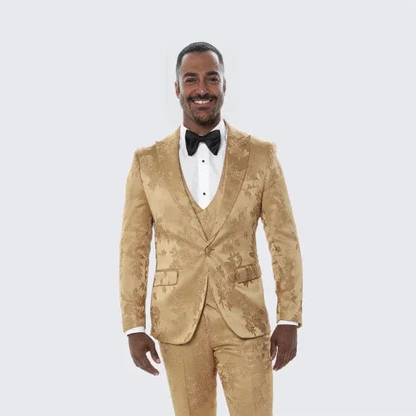 Gold Suit For Prom - Gold Blazer + Matching Pants + Men's Gold Tuxedo with Floral Design Four Piece Set- Wedding - Prom