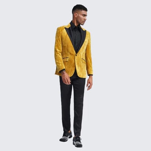 Gold Suit For Prom - Gold Blazer + Matching Pants + Gold Tuxedo Jacket with Fancy Velvet Feel Pattern Slim Fit - Wedding - Prom