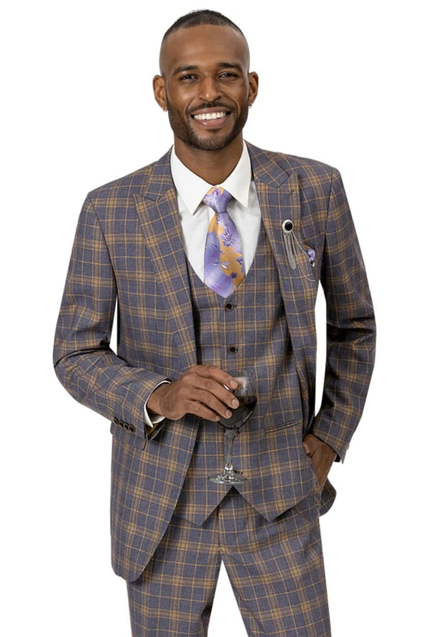 Purple Suit For Men - Church Suit - Mens Two Button Modern Fit Peak Lapel Vested Dark Lavender & Gold Windowpane Plaid Suit