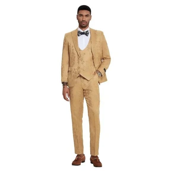 Floral Mens 3PC Suit w/ Double Breasted Vest by Tazzio, Golden