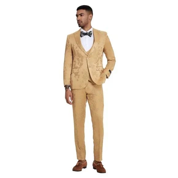 Floral Mens 3PC Suit w/ Double Breasted Vest by Tazzio, Golden