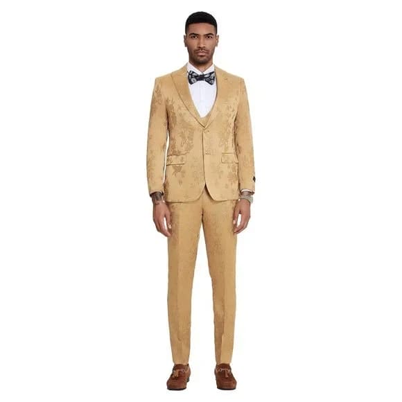 Floral Mens 3PC Suit w/ Double Breasted Vest by Tazzio, Golden