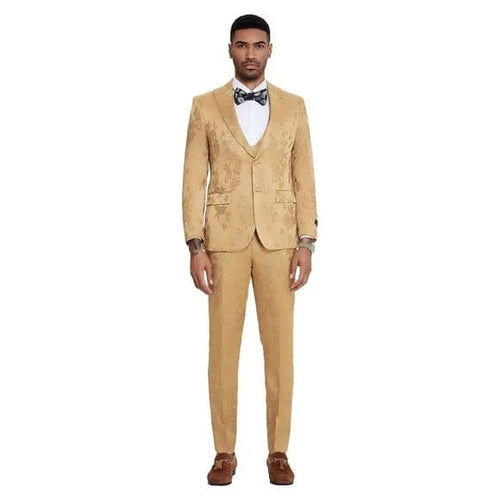 Floral Mens 3PC Suit w/ Double Breasted Vest by Tazzio, Golden